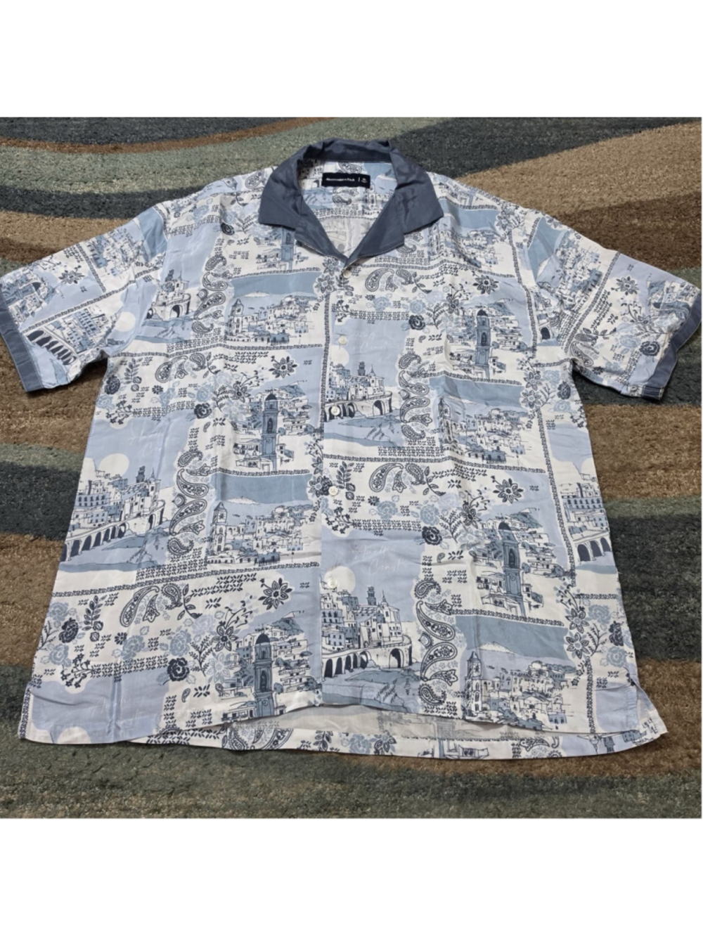 Abercrombie Fitch Shirt Mens XL Blue Scenic Camp Button Up AOP Casual